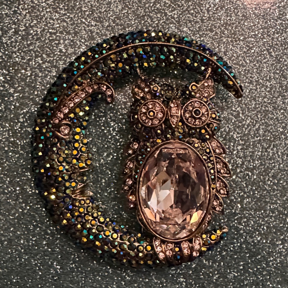 Owl and Crescent Moon Heidi Daus Brooch - Picture 2 of 3